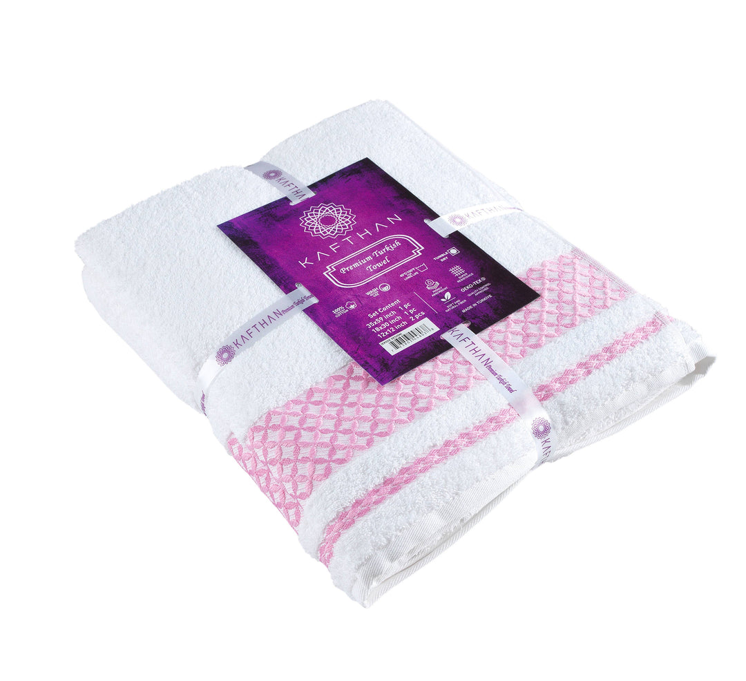 White & Pink Plaid Turkish Cotton Bath Towels - Set of 4