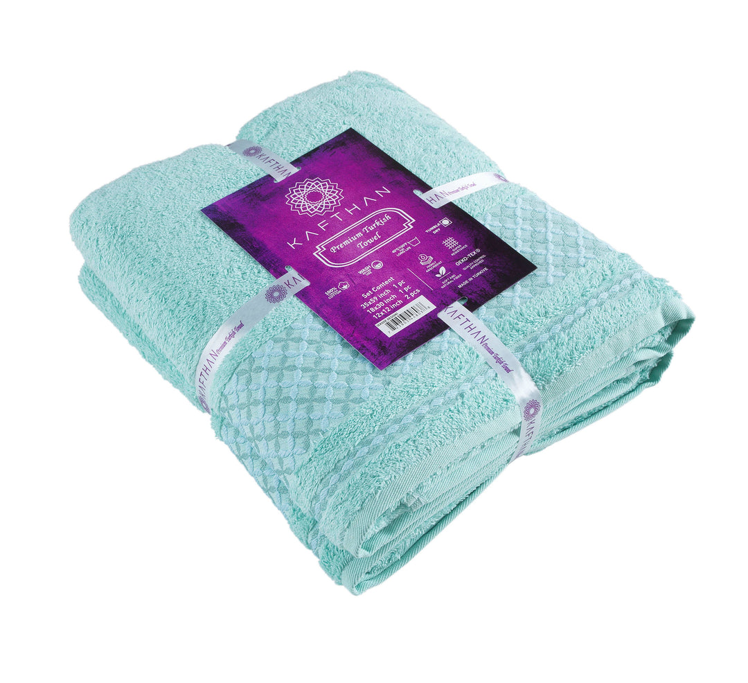 Turquoise Plaid Turkish Cotton Bath Towels - Set of 4