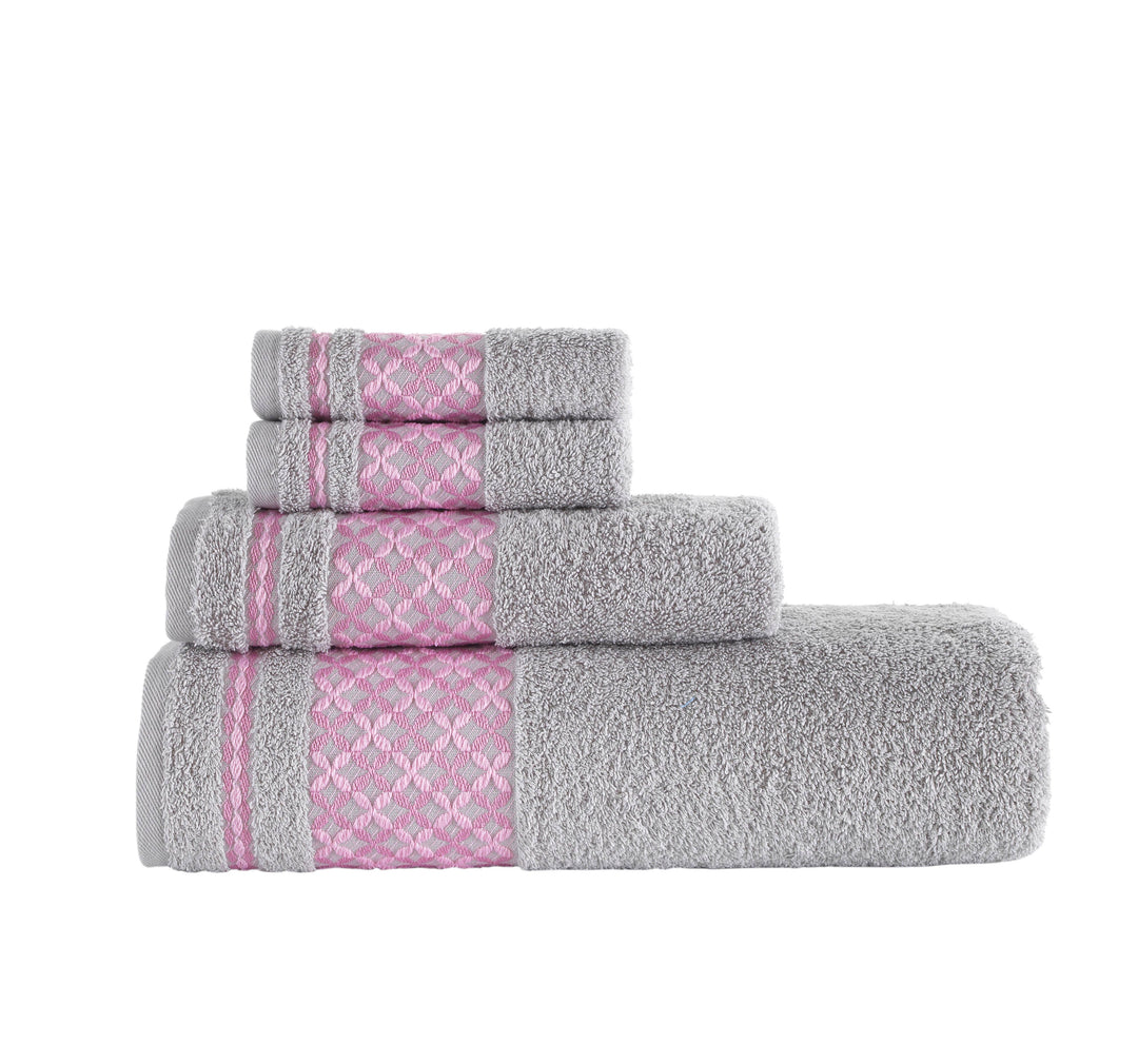 Gray & Pink Plaid Turkish Cotton Bath Towels - Set of 4