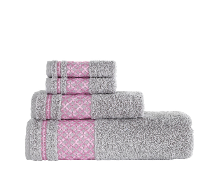 Gray & Pink Plaid Turkish Cotton Bath Towels - Set of 4