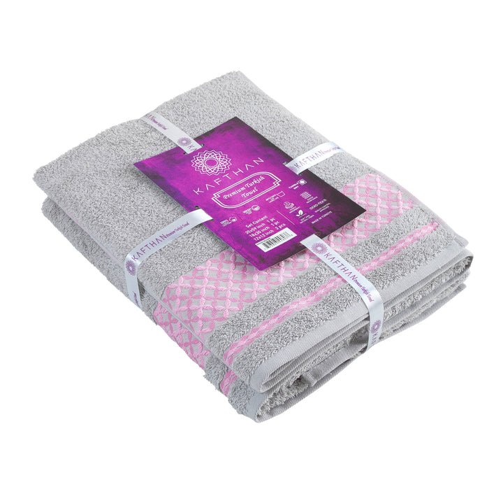 Gray & Pink Plaid Turkish Cotton Bath Towels - Set of 4