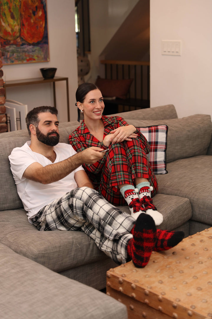 Christmas Plaid Notch Collar Cotton Blend PJ Set