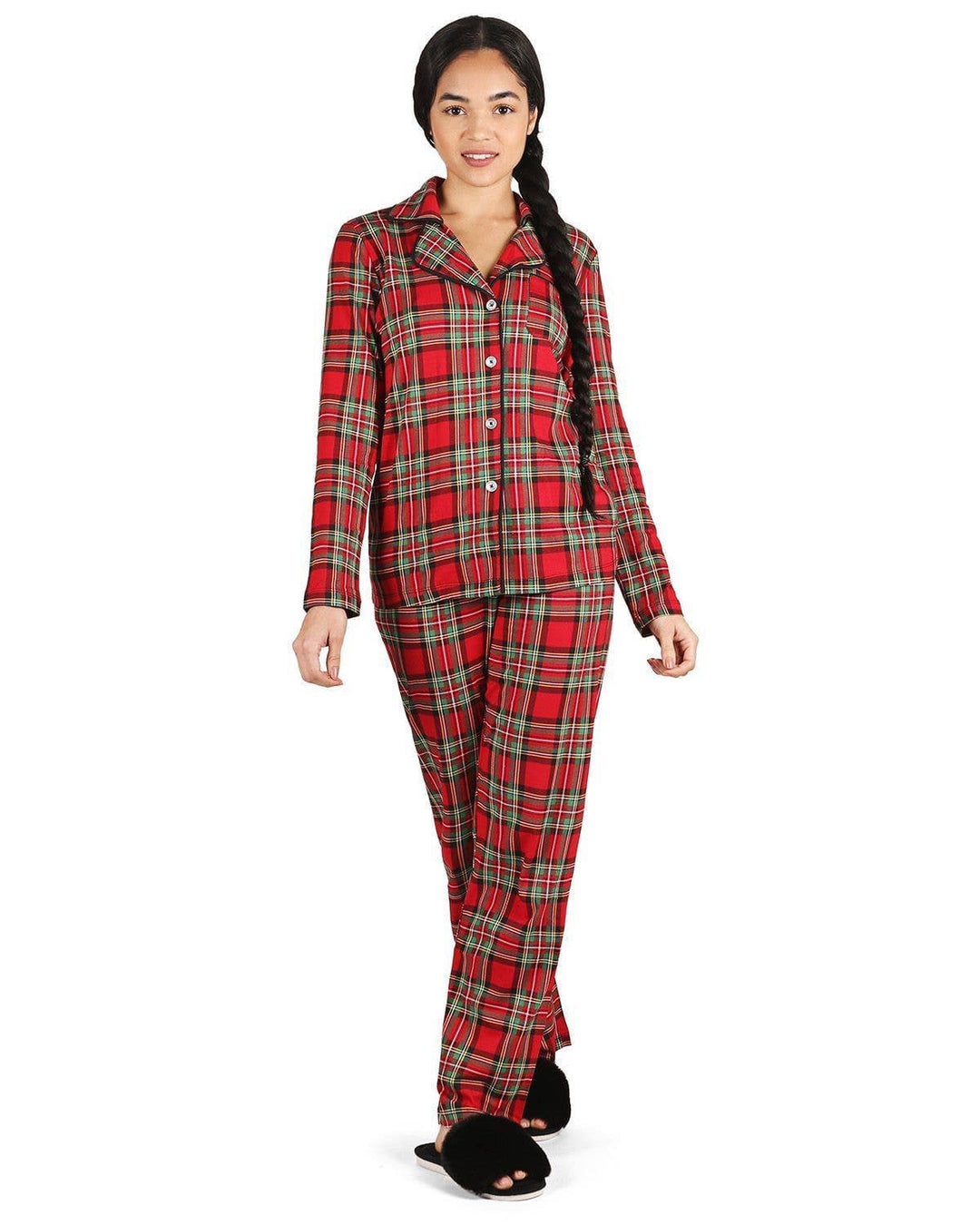 Christmas Plaid Notch Collar Cotton Blend PJ Set