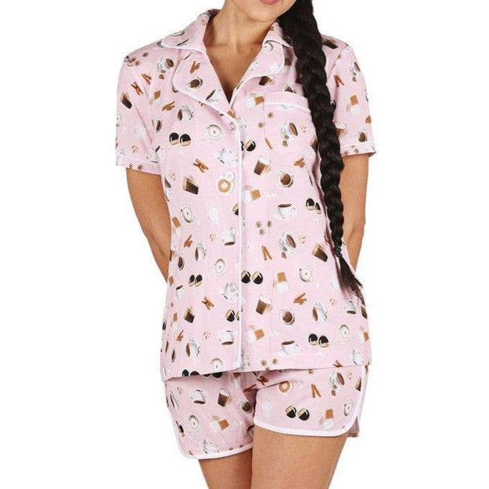 Coffee Lovers Notch Collar Cotton Blend PJ Set