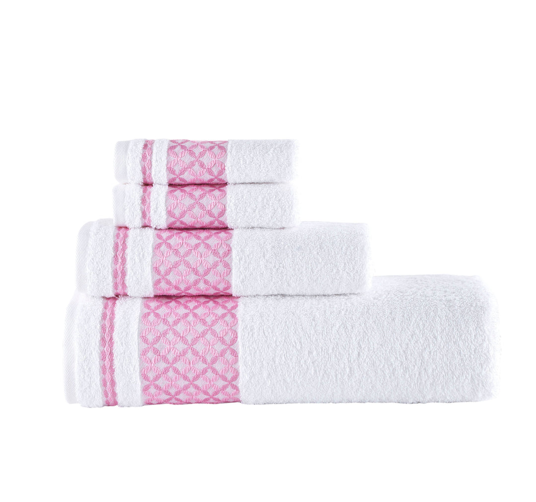 White & Pink Plaid Turkish Cotton Bath Towels - 4 Piece Set