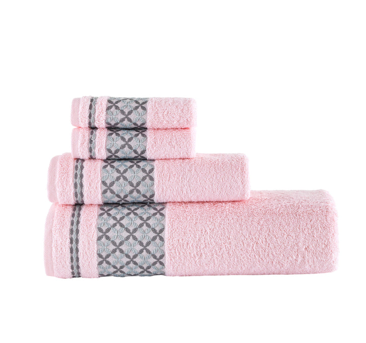 White & Pink Plaid Turkish Cotton Bath Towels - 4 Piece Set