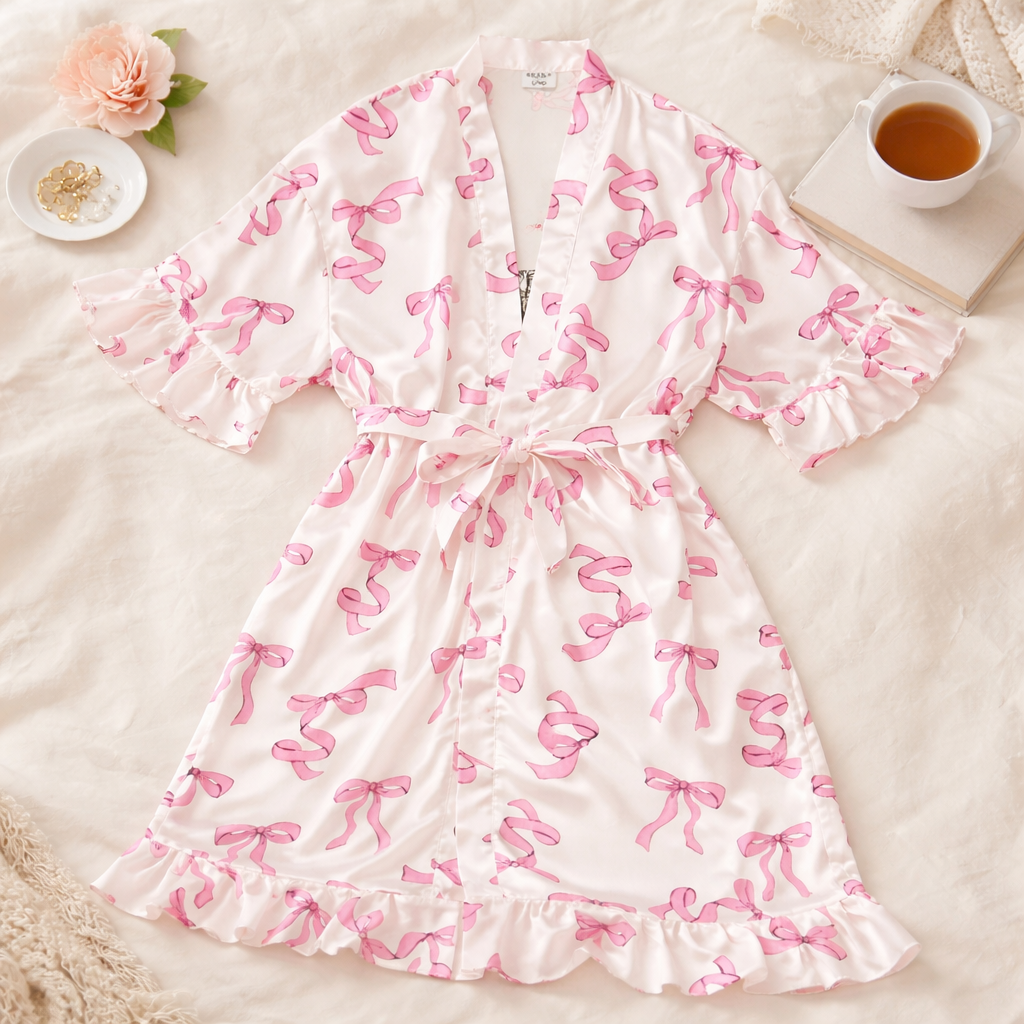 Pretty in Pink Bow Long Satin Robe