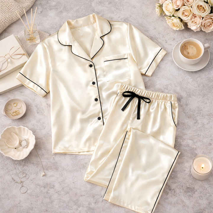Golden Glow Satin Pajama Set – Champagne