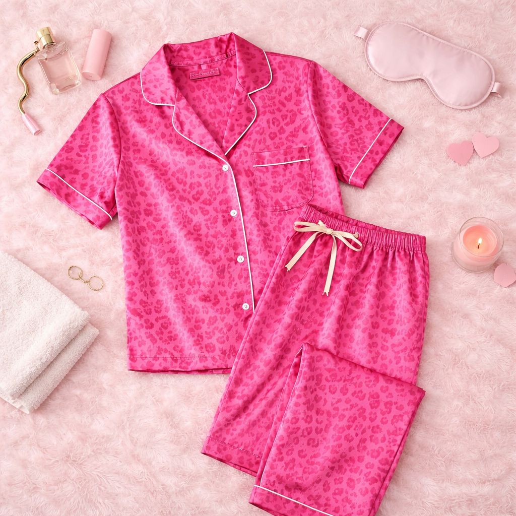 Pretty & Fierce Satin Pajama Set – Hot Pink Leopard