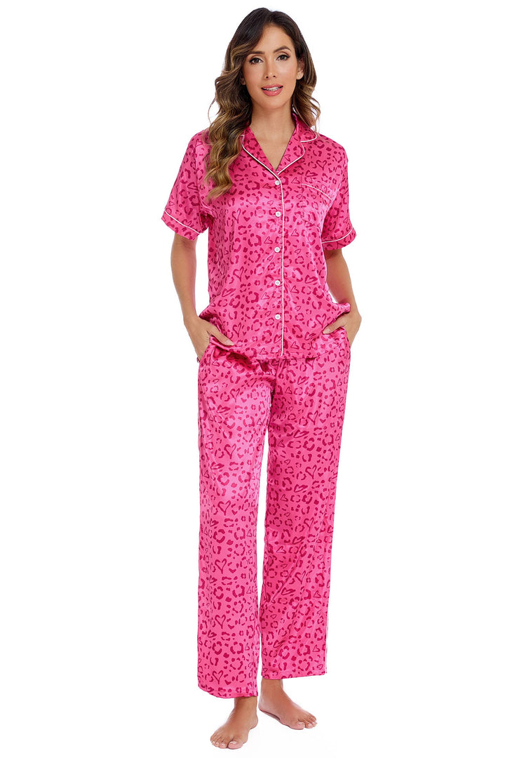 Pretty & Fierce Satin Pajama Set – Hot Pink Leopard